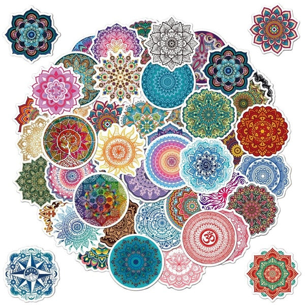 50pcs Trendy Mandala Stickers Decals for Guitar Laptop Water Bottle Phone Scrapbook, Cute Waterproof Vinyl Stickers Pack