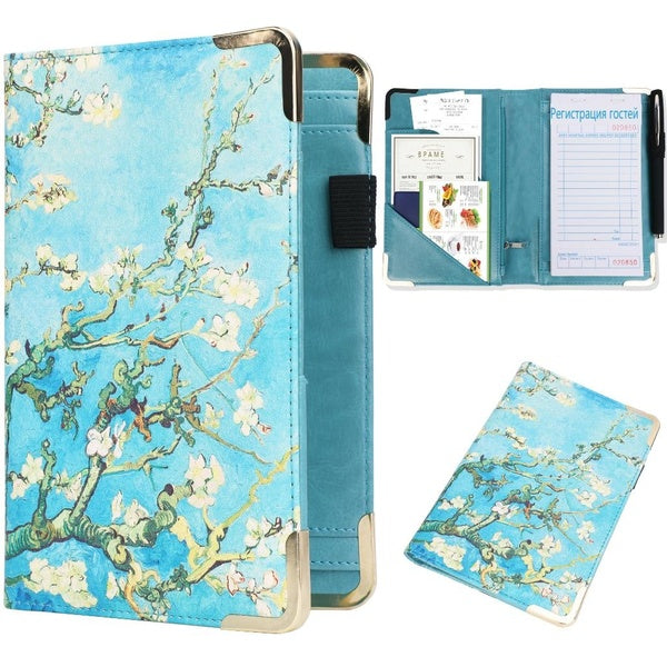 Server Book - Waitress-Waiter Book Organizer with Zipper Pouch, Guest Check Book Holder Money Pocket Restaurant Waitstaff Organizer(The plum blossom)