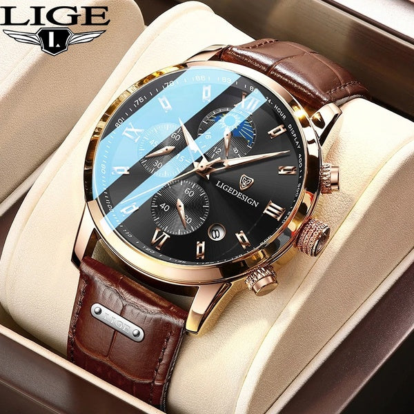 LIGE Hommes Montres Étanche Lumineux Top Marque De Luxe En Cuir Casual Sport Quartz Montre-Bracelet Militaire Homme Montre Pour Hommes Cadeau De Noël