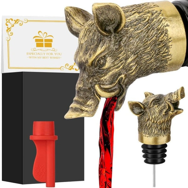 Metal Wild Boar Head 2-In-1 Wine Aerator Bottle Pourer and Stopper Bar Accessory Gadget