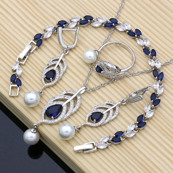Freshwater Pearls Silver 925 Bridal Jewelry Sets Blue sapphire Beads Women Wedding Earrings-Pendant-Necklace-Ring-Bracelet