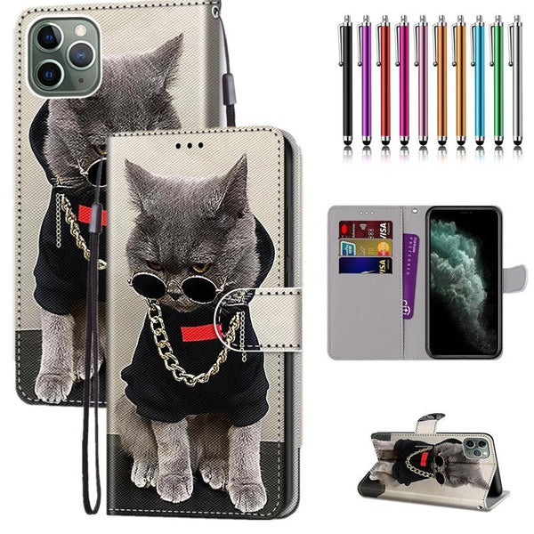 Golden Chain Cat Pattern PU Cuir Portefeuille Style Flip Cover Avec Porte-Cartes Protection Mobile Phone Bag Case Avec Stylet Stylo Pour iPhone 14 14