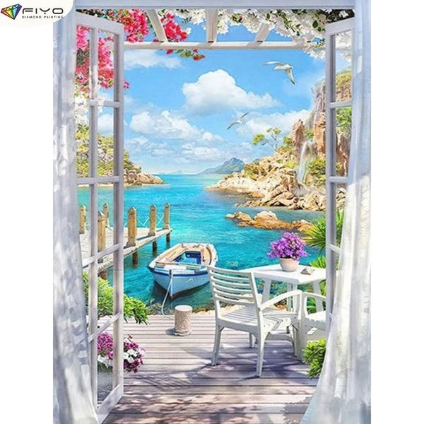 Window View DIY 5D Diamond Painting Full Drill with Number Kits Home and Kitchen Fashion Cross Stitch Embroidery Paintings Canvas Pictures Wall Decor