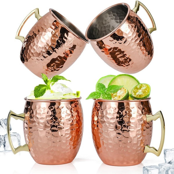 4PCS Moscow Mule Mugs Set, 16 oz Hammered Copper Cups with 304 Stainless Steel Lining and Gold Brass Handles, Perfect for Cold Drinks, Beer, Wine, B