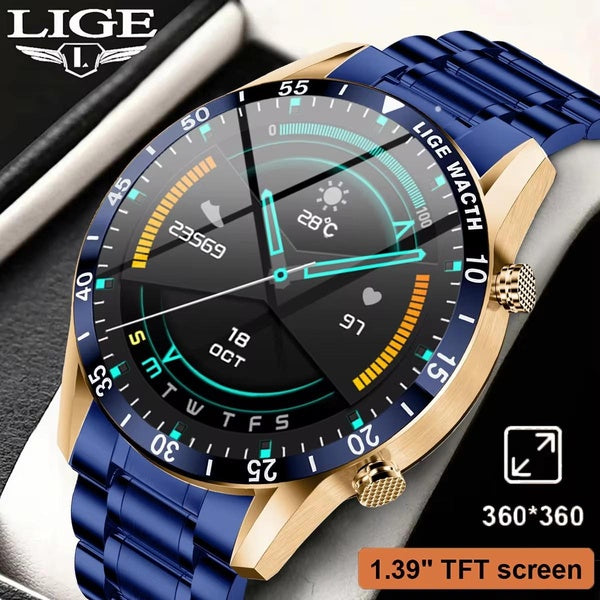 LIGE Montre connectée de luxe pour hommes, écran tactile circulaire complet, Bluetooth, appel, bracelet en acier, étanche, sport, fitness, pour Andro