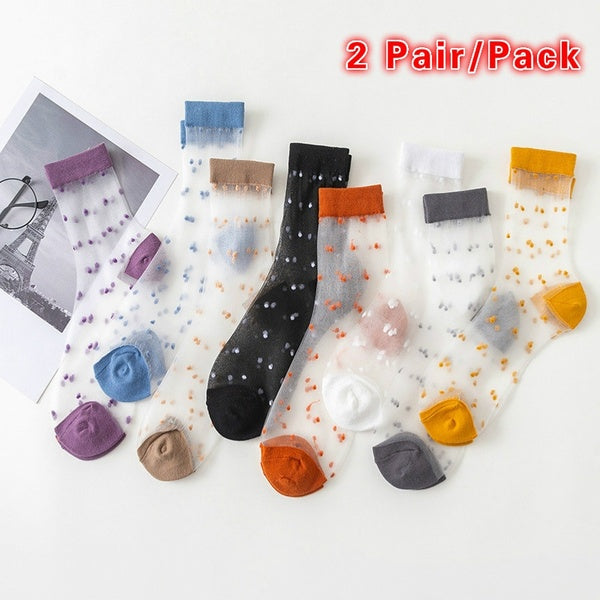 8 Colors Sock Summer Women and Girl Elastic Lace Socks Crystal Glass Silk Short Thin Transparent Candy Colors Socks 2 Pair-Pack