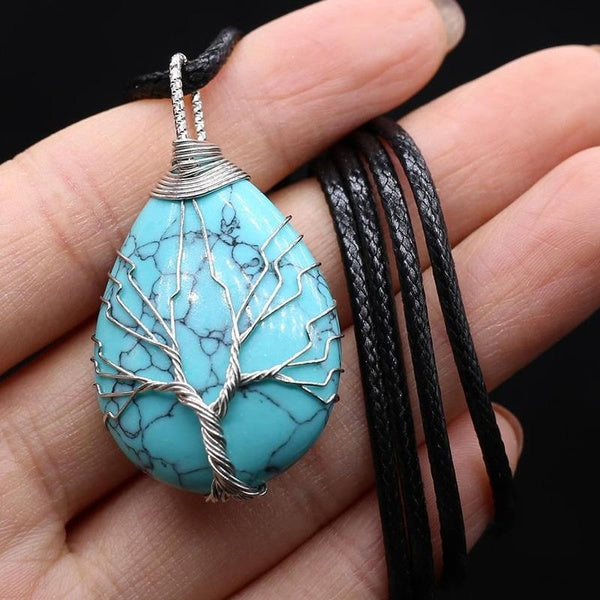 La Gouttelette Pierre Pendentif Pierre Naturelle Cristal Rose Quartz Malachite Agate Goutte Forme Pendentif Arbre de Vie Colliers pour Femmes Hommes