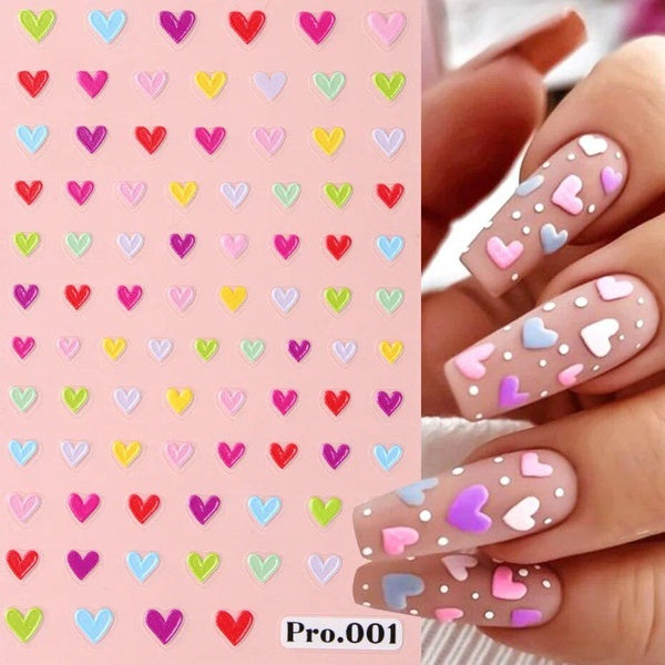 5D Embossed Nail Stickers Colorful Love Heart Designs Self-Adhesive Slider Decals Valentine Nail Art Decor Manicure