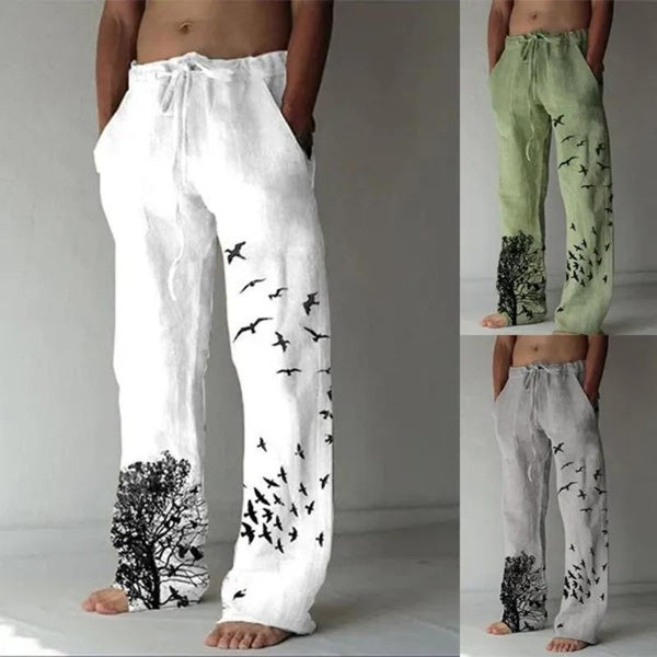 New Men's Summer Baggy Yoga Pant Linen Printed Wide Leg Trousers Casual Elastic Waist Harem Loose Pants Plus Size