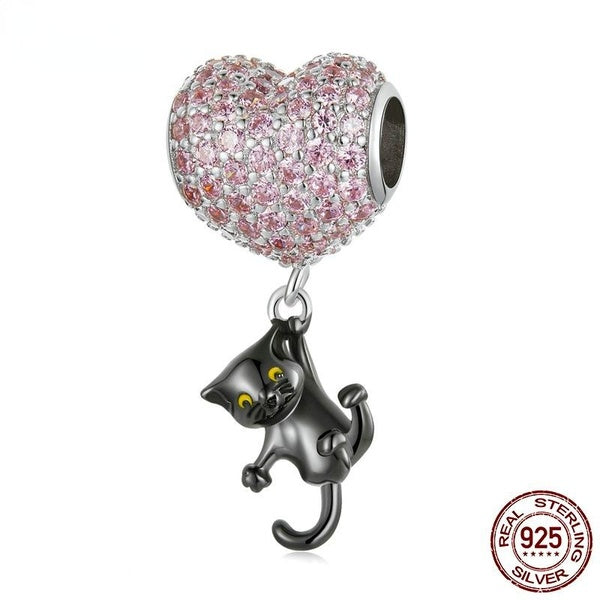 Genuine 925 Sterling Silver Heart & Black Cat Charms Pendant Fit Women Bracelet Jewelry Making