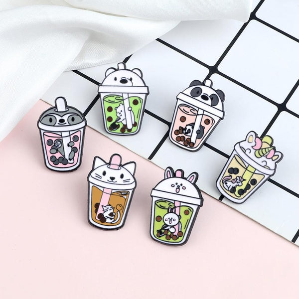 Cute Bubble Milk Tea Enamel Pins Cartoon Animal Cat Horse Bear Rabbit Brooch Bag Clothes Lapel Pin Badge Jewelry Gifts for Kids