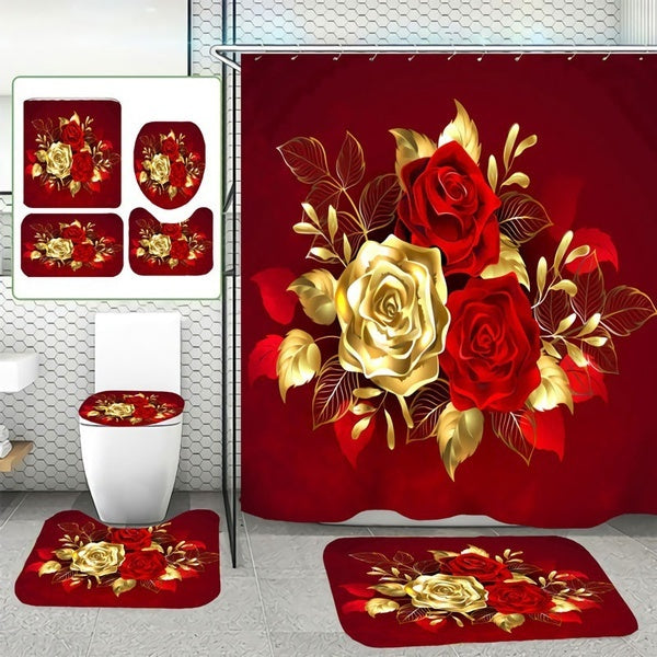 Bathroom Set Red Gold Rose Waterproof Shower Curtain+ Non Slip Bathroom Pedestal Rug + Toilet Lid Cover + Floor Mat Bath Mat