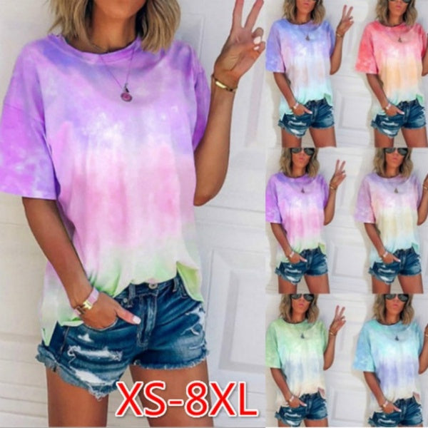 New XS-8XL Plus Size Summer Tops Fashion Women's O-neck Blouses Tie-dye Gradient Printed Short Sleeve Casual Loose T-shirt Tops Blouses