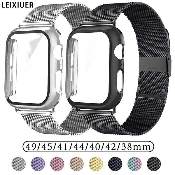 LEIXIUER Tempered Glass with Case+ Metal Strap Band for Smart Watch 9 7 8 45mm 41mm 44mm 40mm 38mm 42mm Screen Protector Cover Accessorie Magnetic Br
