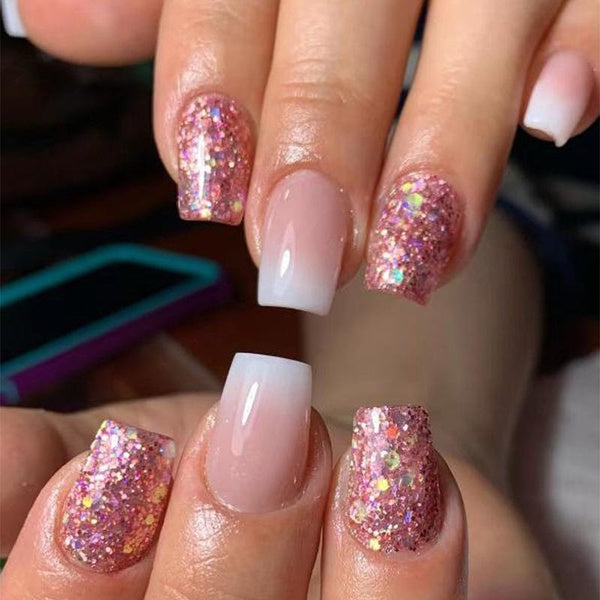 24pcs Blanc Ombre Carré Faux Ongles De Longueur Moyenne Français Glitter Designs Ongles En Acrylique Pour Les Femmes