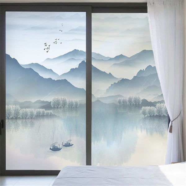 No Glue Decorative Privacy Frosted Window Film Landscape Painting Pattern Glass Film Privacy Window Decals Window Sticker 60 Sizes