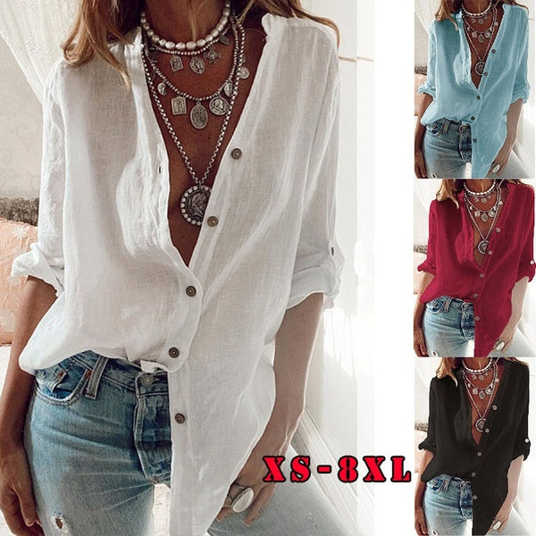 New Womens Long Sleeve Button Shirts Autumn Winter Plus Size Blouses Casual Soild Color Tops Loose Button-down Shirt Ladies Fashion Pure Color Cotton