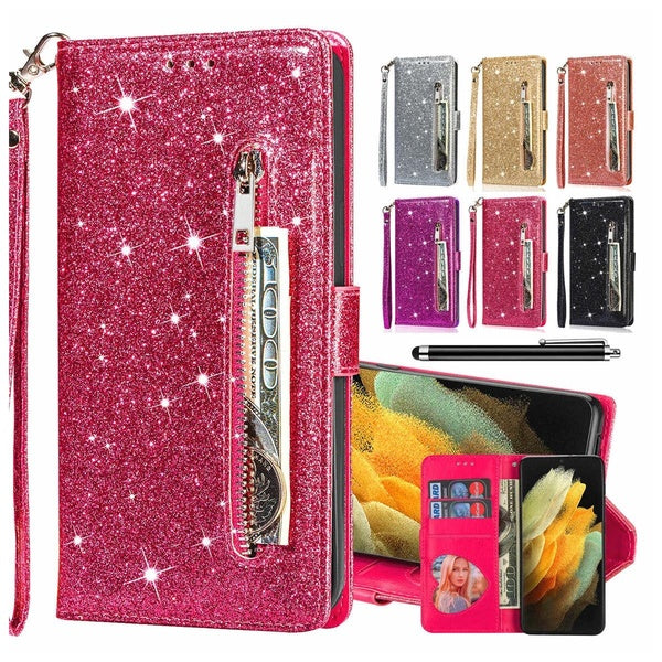 Zipper Wallet Flip Holder Glitter Phone Case For Samsung Galaxy S22 S22Plus S22Ultra S21FE S23 S23Plus S23Ultra S23FE S24 S24Plus S24Ultra A05 A05S A
