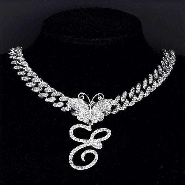 New A-Z Cursive Letter Butterfly Pendant Iced Out Cuban Necklace for Women Initial Zircon Link Chain Necklace Choker Hip Hop Jewelry