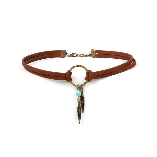 Bohemian Feather Charm Handmade PU Leather Choker Necklace Vintage Jewelry Geometric Circle Neck Chain Leaf Turquoise Choker Double Layer Necklace