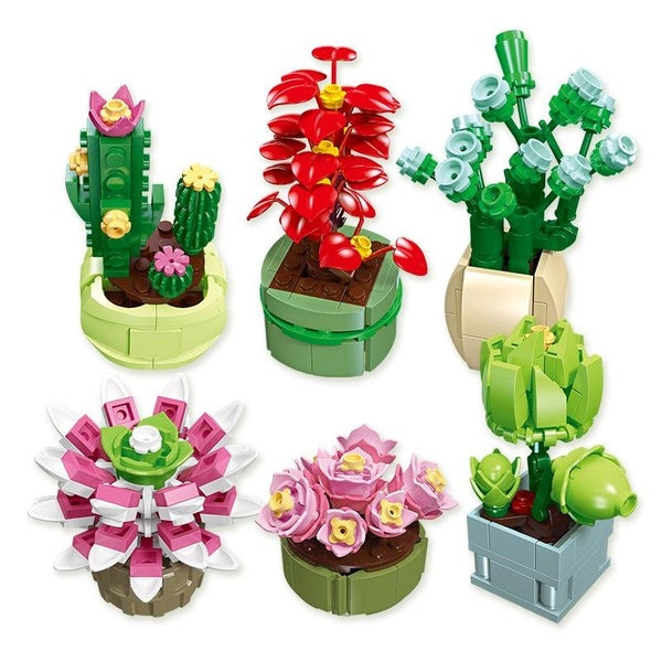 6Pcs Creative Simulation Succulent Plants Potted Flowers Interior Decoration Ornaments Building Blocks Bricks Toys Gifts
