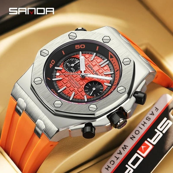 SANDA - montre à Quartz de luxe pour hommes, nouveau Design, bracelet en Silicone Orange, Style sportif, antichoc, 2024