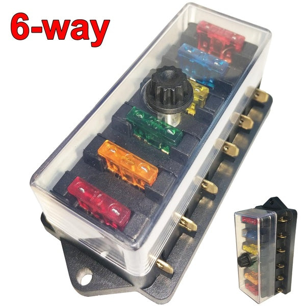 6 Way 12V-32V ATC ATO Blade Fuse Box Holder Power Block Universal for RV Trailer Caravan Motorhome Boat with 6pcs 3A-30A Fuses