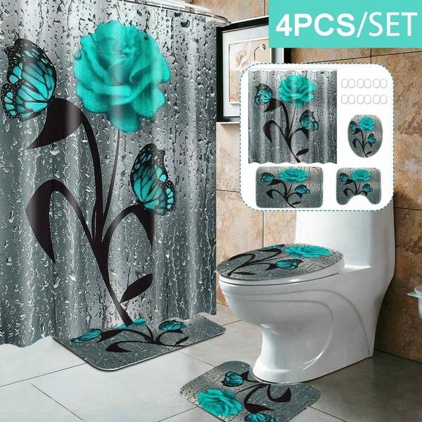 4-3-1PCS Shower Curtain Set 3D Butterfly Waterproof Non Slip Bathroom Bathroom Set Drop Rose Pedestal Rug Toilet Lid Cover Bath Carpet Floor Mat Home