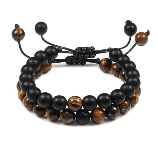 2PC hommes tigre oeil de pierre perles Bracelet réglable corde tressée noir mat pierre naturelle Yoga perles Bracelet
