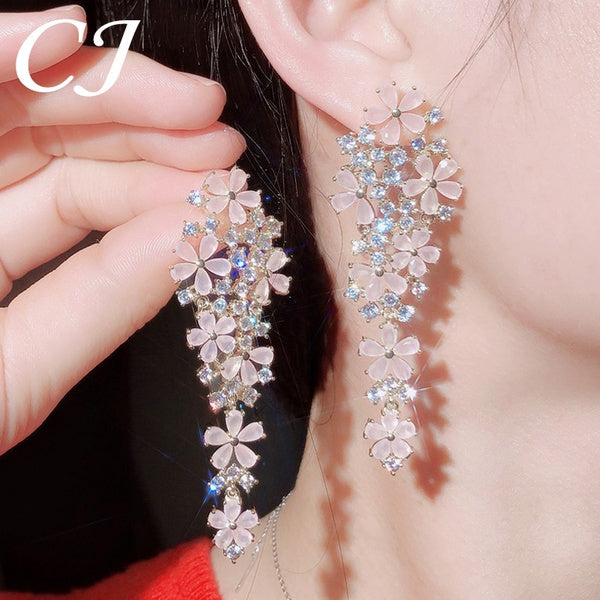 CANDICE rose chaud cristal fleur bal romantique bijoux robe accessoires brillant cubique zircone pavé longues boucles d'oreilles pendantes pour dames