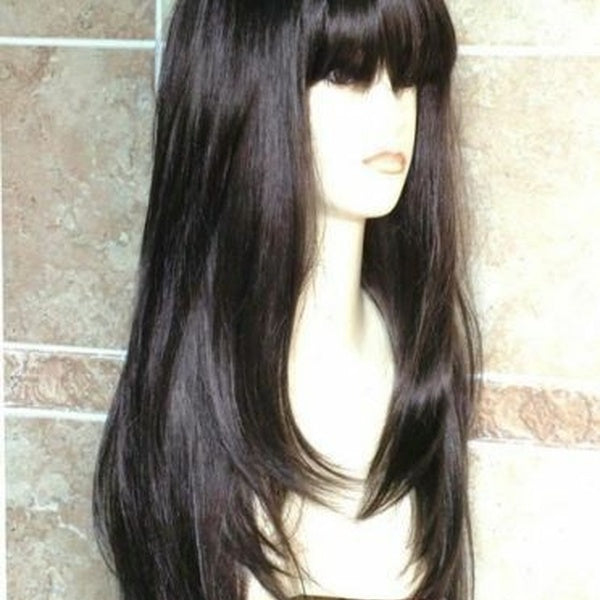 long dark brown straight health hair fashion layered wig wigs for women
