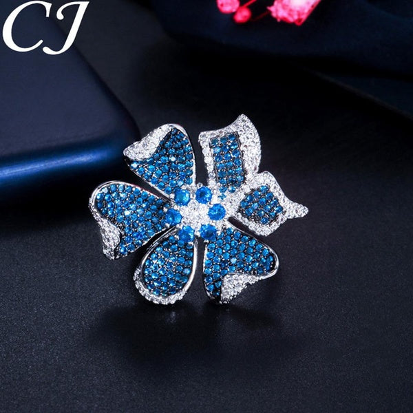CANDICE Haute Qualité Deux Tons Placage Complet Micro Pavé Bleu Zircon Unique 3D Fleur Réglable Déclaration Grand Anneau pour Les Femmes Cocktail Par