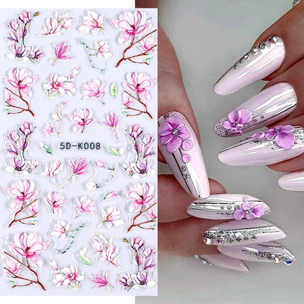 Classy Acrylic Flowers Engraved Nail Sticker Spring Pink Floral Leaf Design Adhesive Sliders Wedding Bride Manicure Decal JI5D-K