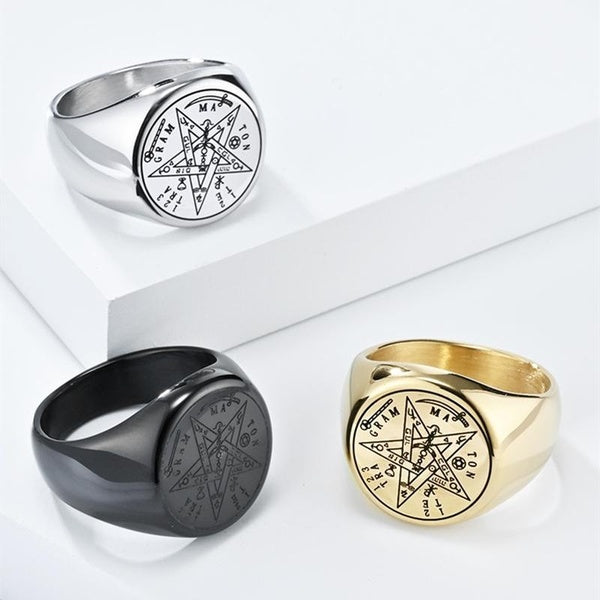 Polished Supernatural Magical Tetragrammaton Pentagram Amulet Ring Men Women 316L Stainless Steel Signet Rings Seal of Solomon Pentacle Band Occult W