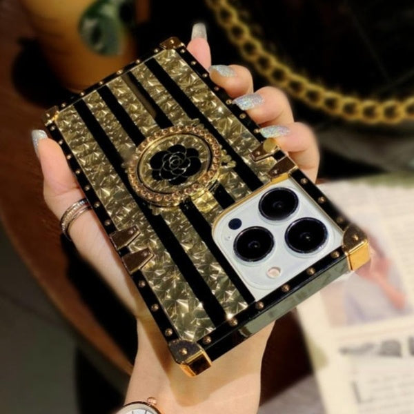 Luxury Brand Black Rose Flower Glitter Gold Square Case For iPhone 15 15 pro 15 promax 15 plus 14 14 PRO 14 promax 13 Pro 13 promax 12 Pro Max Strip