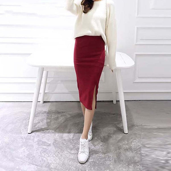 Autumn Winter Bodyconskirt Women Skirt Stretchable Split Skirt Mid Calf Slim Pencil Skirts for Women Female Knit Skirt