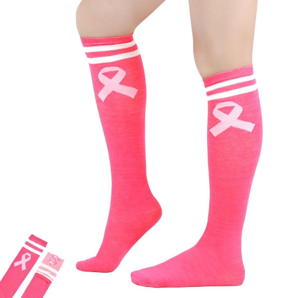 Women's Pink Breast Cancer Socks,Pink Ribbon Knee High Socks,Inspirational Chemo Socks,Chemo Patients Recovery Gifts