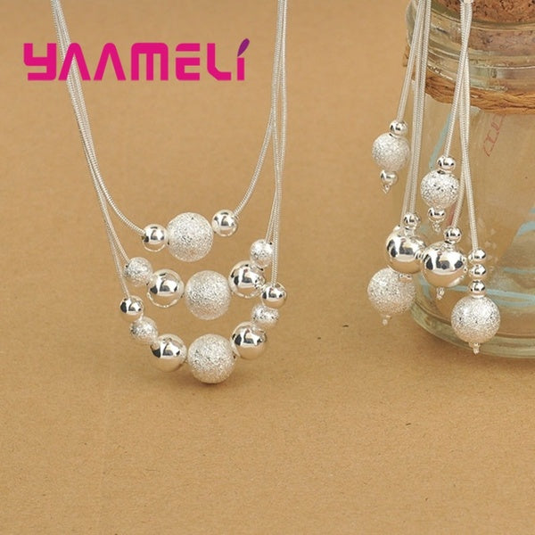 Elegant 925 Sterling Silver Woman Jewelry Set Fashion 3 Layered With Charming Beads Balls Necklace Dangle Earrings