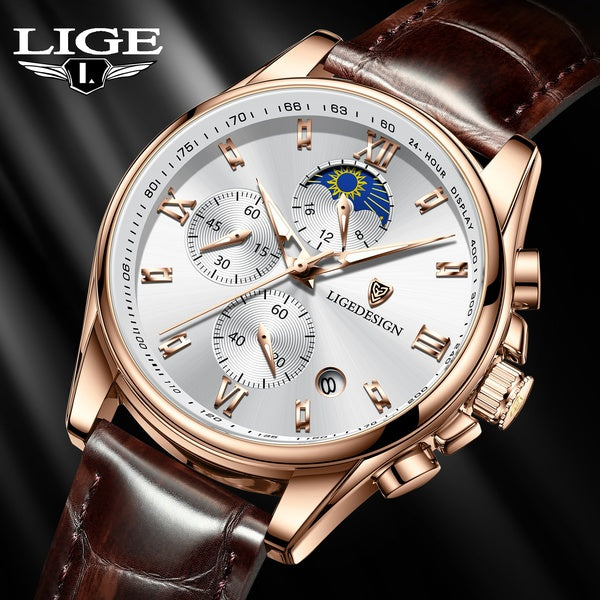 LIGE Montre-Bracelet Élégante pour Hommes, Étanche Sports Phase de Lune Chronographe Montre de Luxe Business Robe Analogique Quartz Montres Hommes Mo