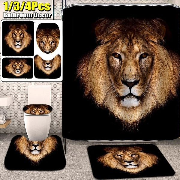 Lion Bathroom Set Waterproof Shower Curtain Non-slip Mats Bath Carpets Toilet Seat Cover Floor Mats Pedestal Rug Toilet Cover Bath Mat Bathroom Decor