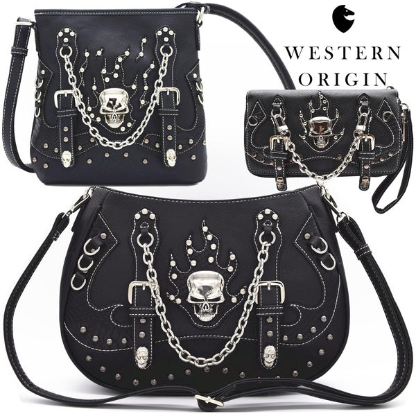 Gothique Flame Skull Punk Goth Chaîne Dissimulée Carry Purse Studs Sac à Bandoulière Amovible Bandoulière Sac Cartable Femme Sac à Main Portefeuille