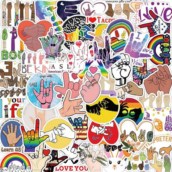 10-52Pcs Cartoon Sign Language Stickers Deaf Language Graffiti Stickers for DIY Luggage Laptop Skateboard Motorcycle Bicycle Stickers