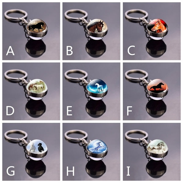 Horse Glass Ball Double Side Keychain Horse Pendant Car Key Chain Rings Horse Jewelry Men Fashion Horse Riding Accessories