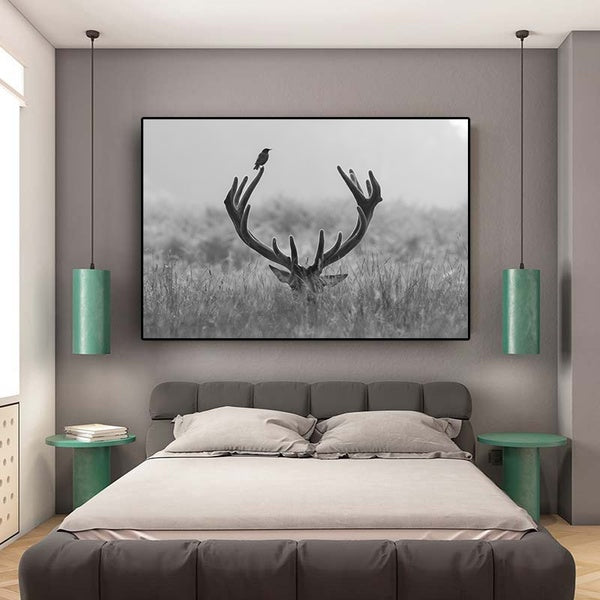 Canvas Painting Animal Wall Art Black and White Retro Poster Deer and Bird Photo Wall Picture Living Room Decoration Home Decor