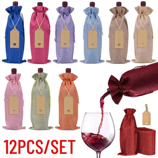 12PCS-SET Burlap Wine Bags with Drawstrings and Tags, Reusable Wine Gift Bags Wine Bottle Covers for Travel, Wedding, Birthday, Housewarming and Dinn
