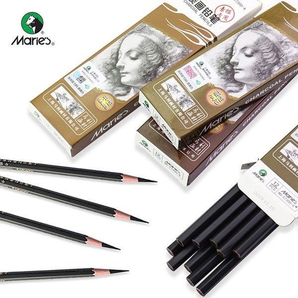Marie's C7300 Sketch Charcoal Pencil Carbon Pencil 12Pcs Soft-Medium-Hard-Extra-soft Drawing Charcoal Pens Pencils