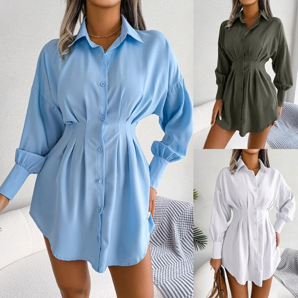 Women Solid Color Long Sleeve Tunic Dress Fashion Turndown Collar Long Shirts Skirts for Women Casual Solid Blouse