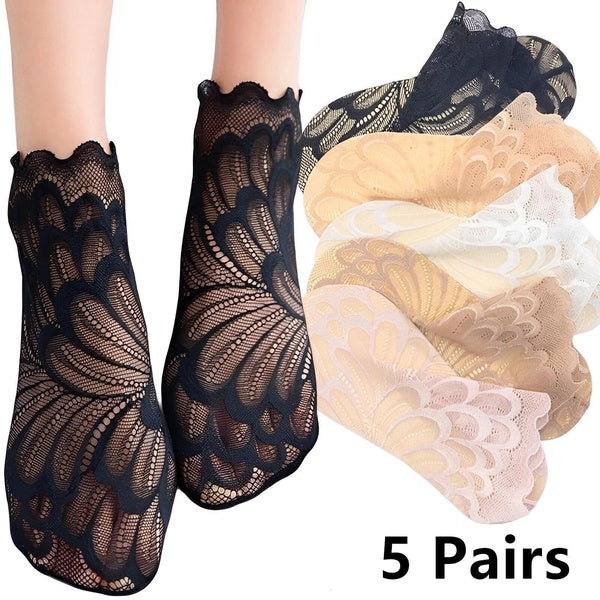 New 5 Pairs Women Lace Flower Mesh Socks Non-slip Invisible Liner Sock Female Elastic Comfy Thin Transparent Breathable Ankle Socks