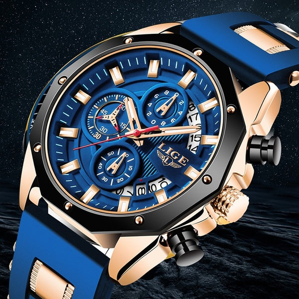 LIGE hommes montres mode sport analogique Quartz montre Date horloge étanche chronographe affaires bleu cuir montre-bracelet