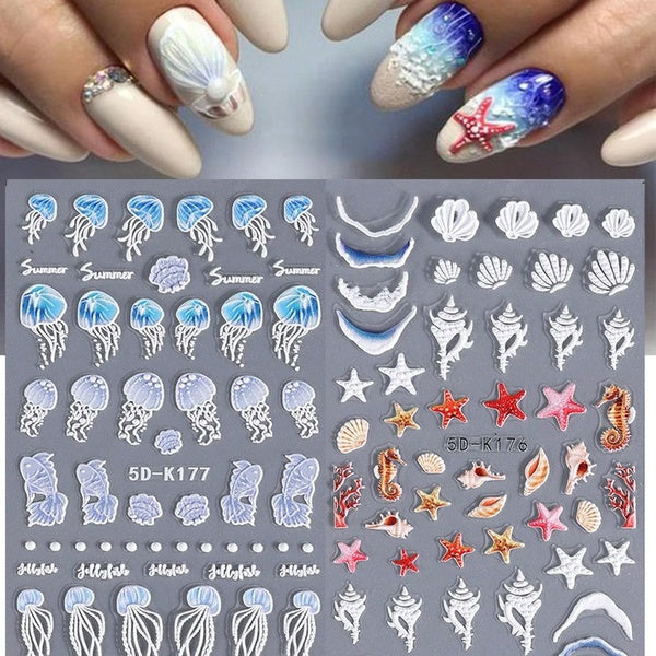 5D Embossed Ocean Theme Nail Stickers Starfish Bell Jellyfish Design Nail Art Decals Summer Spring Nails Supplies For Women And Girls
